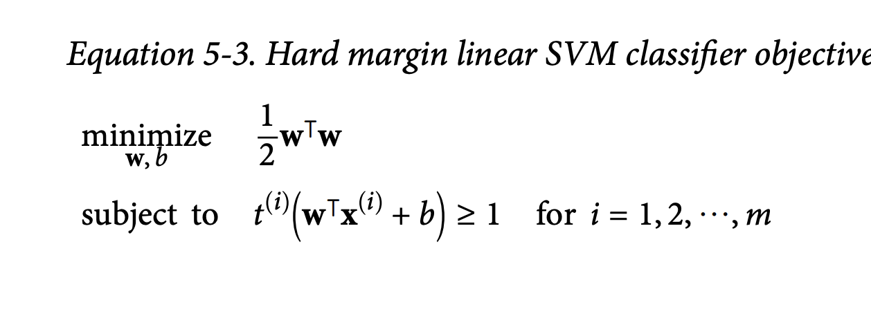 Equation 5-3. Hard margin linear SVM classifier objective